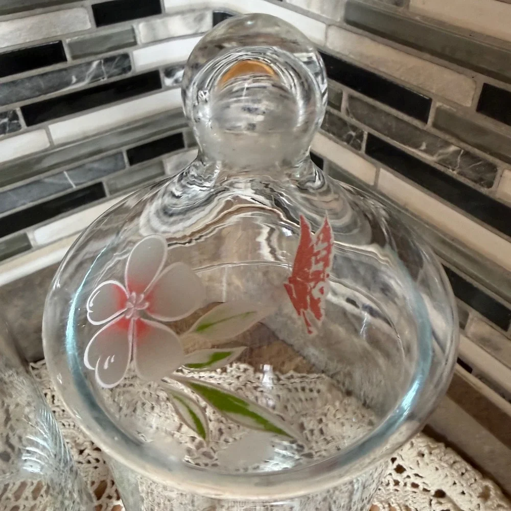 Vtg Crystal Clear Industries Glass Apothecary Jars Set 2 Hand Painted Floral 11